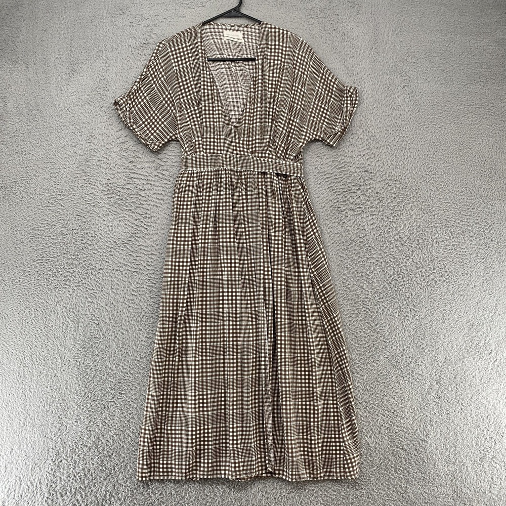 Urban Outfitters Midi Dress Womens Medium Check Belted V Neck Neutral Clean Girl - Picture 2 of 14